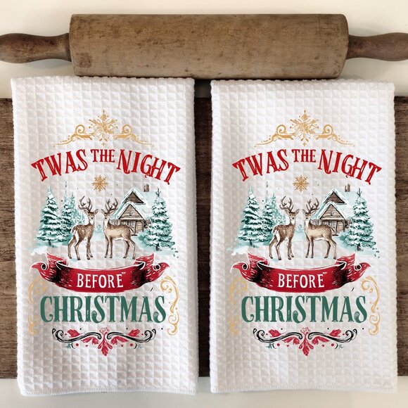 Holiday Christmas Towel Set, Christmas Dish Towels, Reindeer Design - Picture 1 of 9